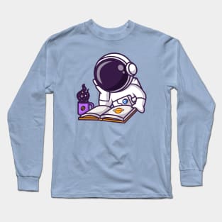 Cute Astronaut Reading Book With Space Coffee Cartoon Long Sleeve T-Shirt